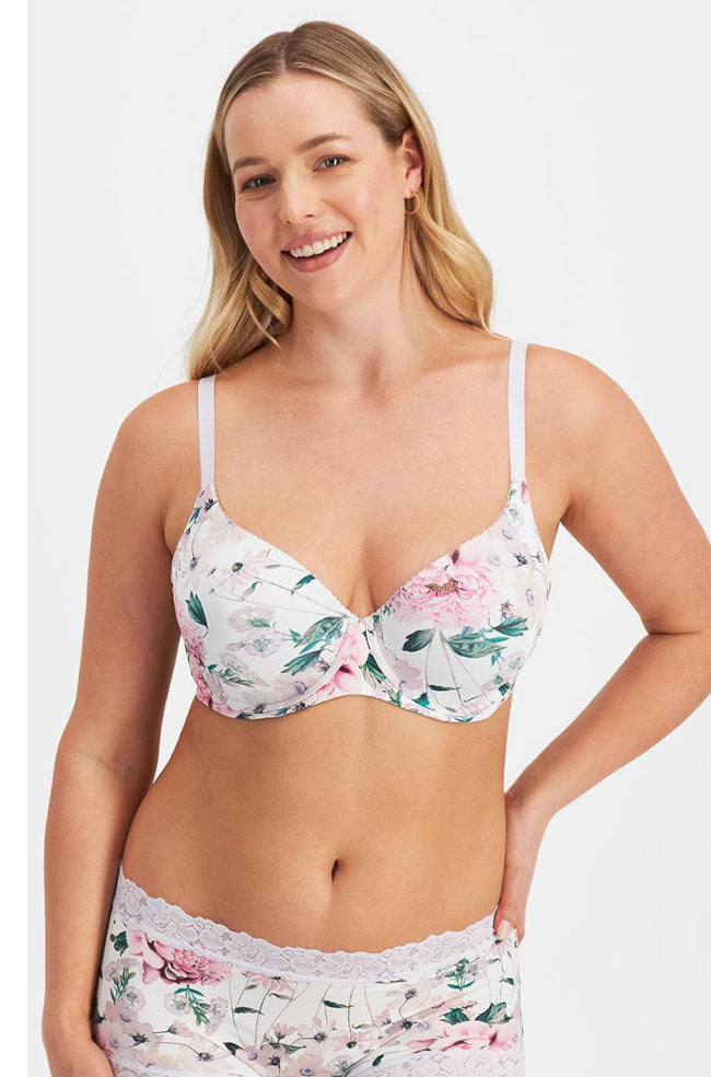 Floral microfibre underwire bra by Jockey in B cup, featuring adjustable straps and a stylish contour design.