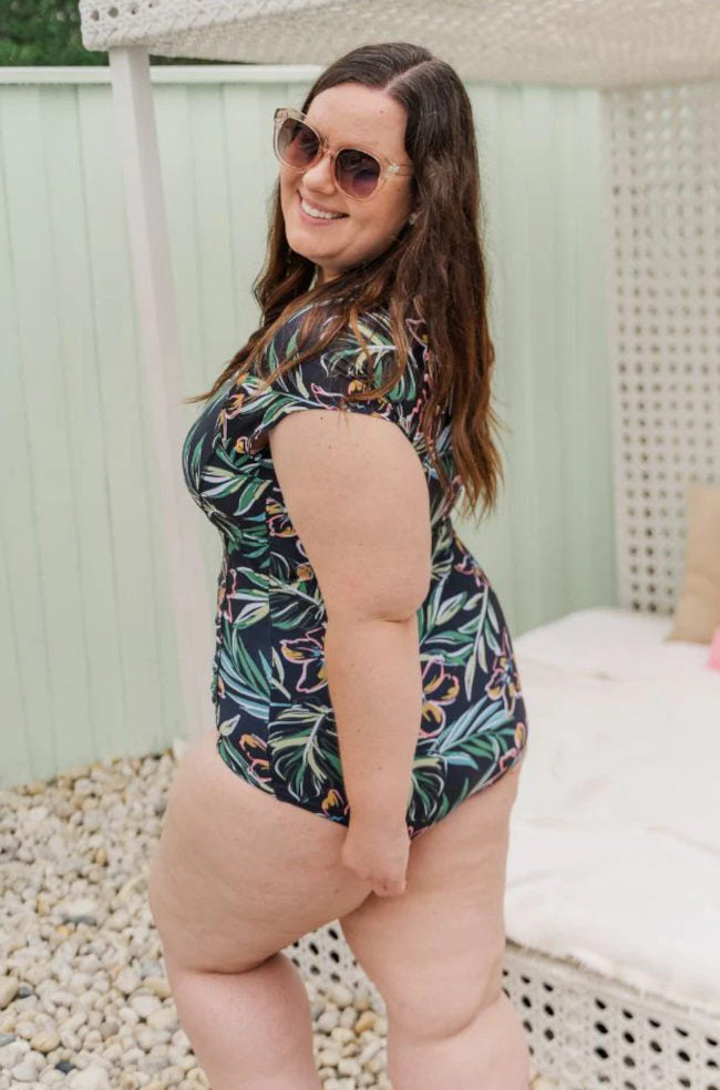 Tropical short sleeve one piece swimsuit by LA Sculpte, designed for larger cup sizes and mastectomy wear.