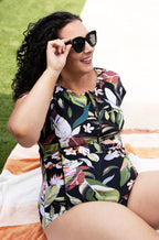 Chlorine-resistant one piece swimsuit in vacation leaf print, available in sizes 10, 12, and 14 by LA SCULPTE.