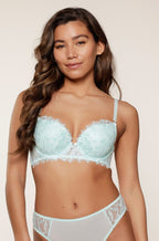 Lingadore Art Underwire Push-Up Bra in Jade Blue with eyelash trim, featuring adjustable straps and supportive design.