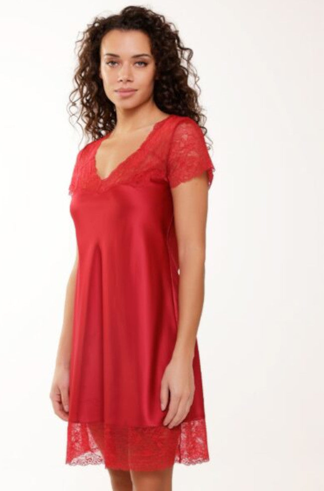 Cerise pink lace chemise by Lingadore, featuring delicate detailing and adjustable straps, available in multiple sizes.