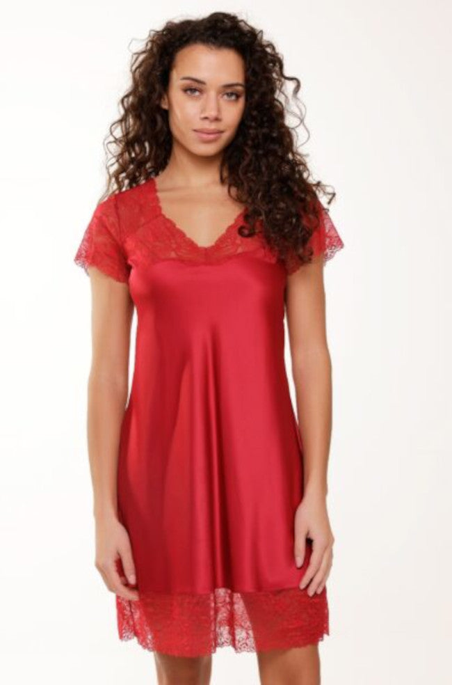 Cerise pink lace chemise by Lingadore with delicate straps and feminine design