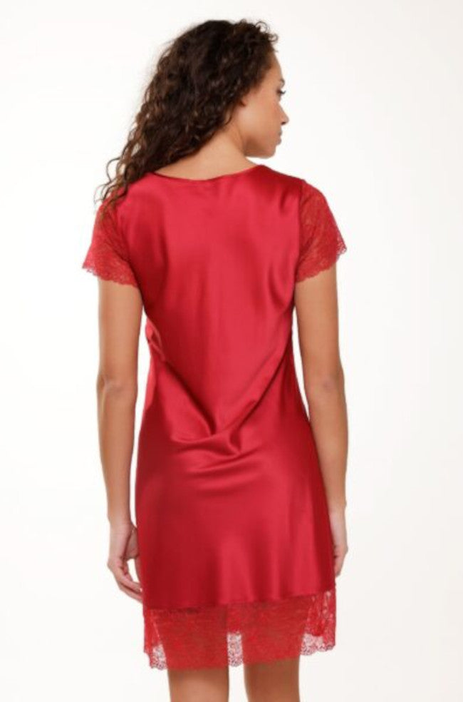 Cerise pink lace chemise slip by Lingadore, featuring delicate lace trim and adjustable straps