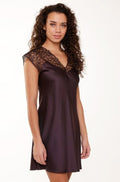 Dark pepper satin chemise by Lingadore with mesh sleeves, featuring a soft slip design