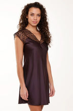 Dark pepper satin chemise by Lingadore with mesh sleeves, featuring a soft slip design