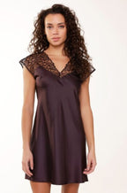 Dark Pepper satin chemise by Lingadore with mesh sleeves, featuring a sleek silhouette and elegant design