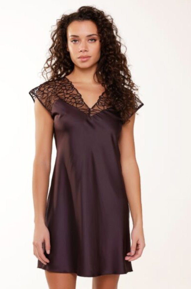 Dark Pepper satin chemise by Lingadore with mesh sleeves, featuring a sleek silhouette and elegant design