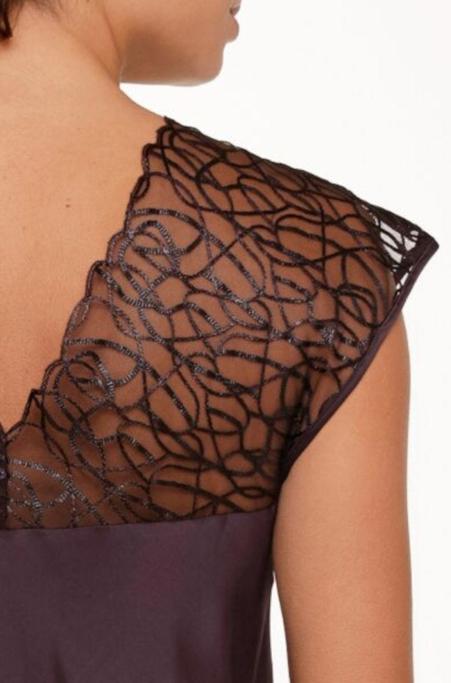 Dark pepper satin chemise with mesh sleeves by Lingadore, featuring a sleek slip design in sizes M, L, and 2L.