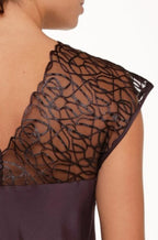 Dark pepper satin chemise with mesh sleeves by Lingadore, featuring a sleek slip design in sizes M, L, and 2L.