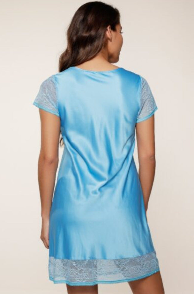 Blue lace chemise nightgown by Lingadore in soft polyester, available in sizes S, M, L.