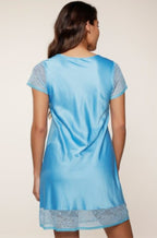 Blue lace chemise nightgown by Lingadore in soft polyester, available in sizes S, M, L.