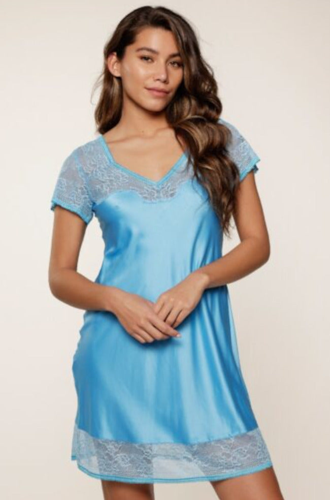 Blue lace chemise nightgown by Lingadore in soft polyester, available in sizes S, M, L