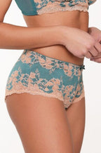 Turquoise lace Lindy Shorty Briefs with bow detail by Lingadore, available in size XS