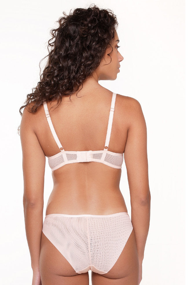 Lingadore semi-sheer lace detail brief in shell color, size S, with bow accent.