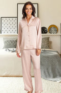 Dusty pink silk piped PJ set from Love and Lustre, featuring elegant design and comfortable fit.