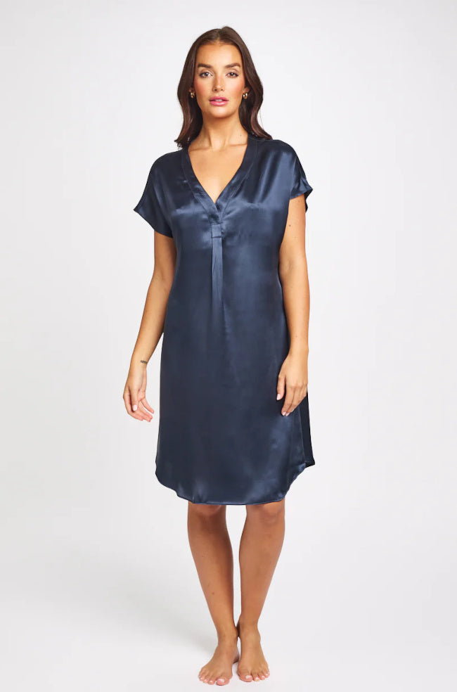 Navy silk sleep shirt in size 12, featuring a classic, luxurious design by Love and Lustre.