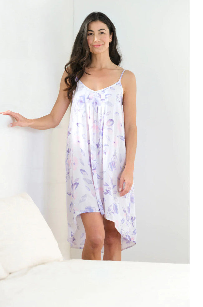 Magnolia floral rain chemise in mauve, size XL, featuring a soft fabric with a floral pattern and relaxed fit.