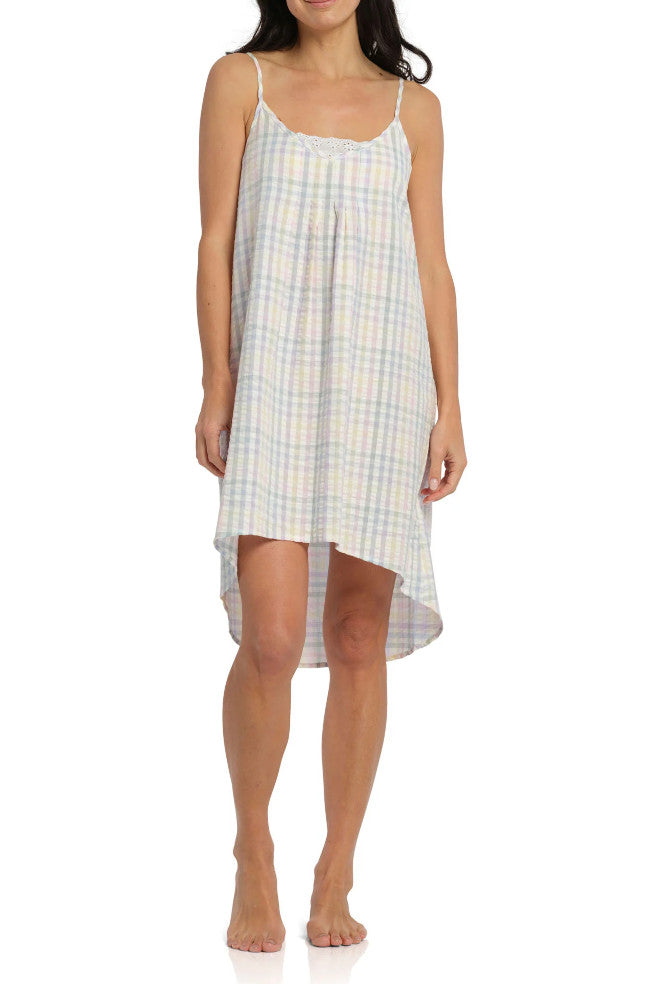 Magnolia Summer Picnic Chemise in check pattern, sleepwear, available in S, M, L, featuring a relaxed fit and lightweight fabric.