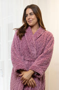 Magnolia mauve jacquard sleepwear shawl collar dressing gown displayed on a hanger, showcasing its elegant fabric and design.