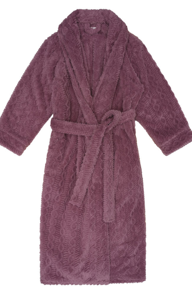 Magnolia mauve jacquard sleepwear shawl collar dressing gown, soft and comfortable, displayed on a hanger.