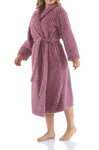 Magnolia mauve jacquard shawl collar dressing gown, luxurious sleepwear with elegant pattern and soft fabric, front view.