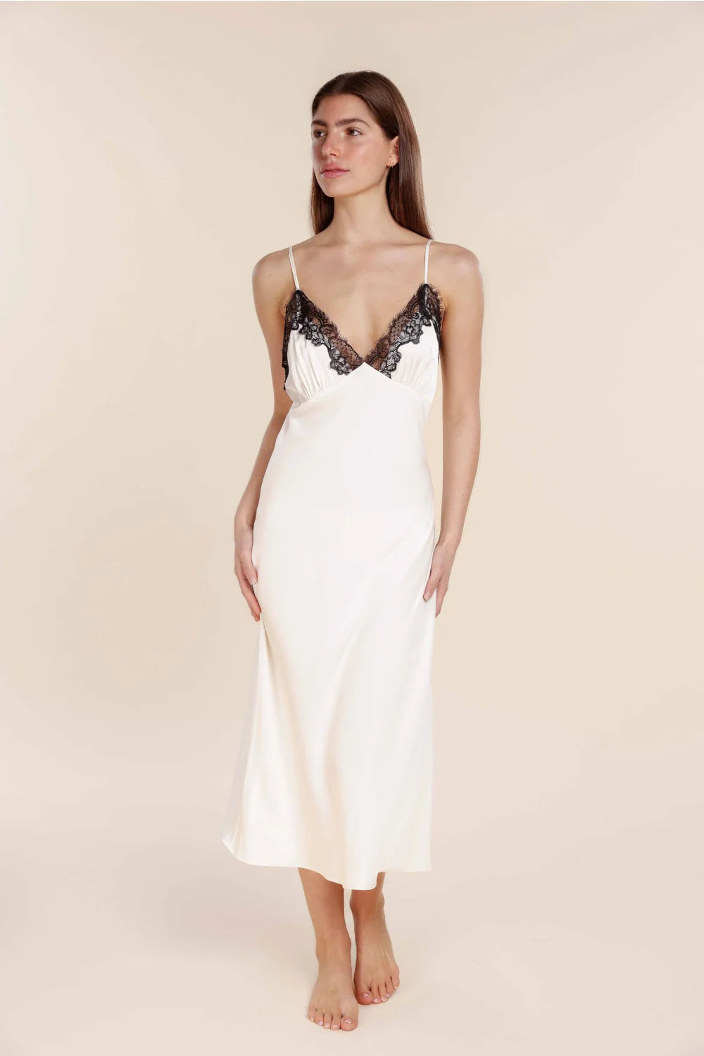 Ginger Lily Magnolia Silky Satin Ivory Long Gown, elegant sleepwear with smooth satin fabric and a flowing silhouette.