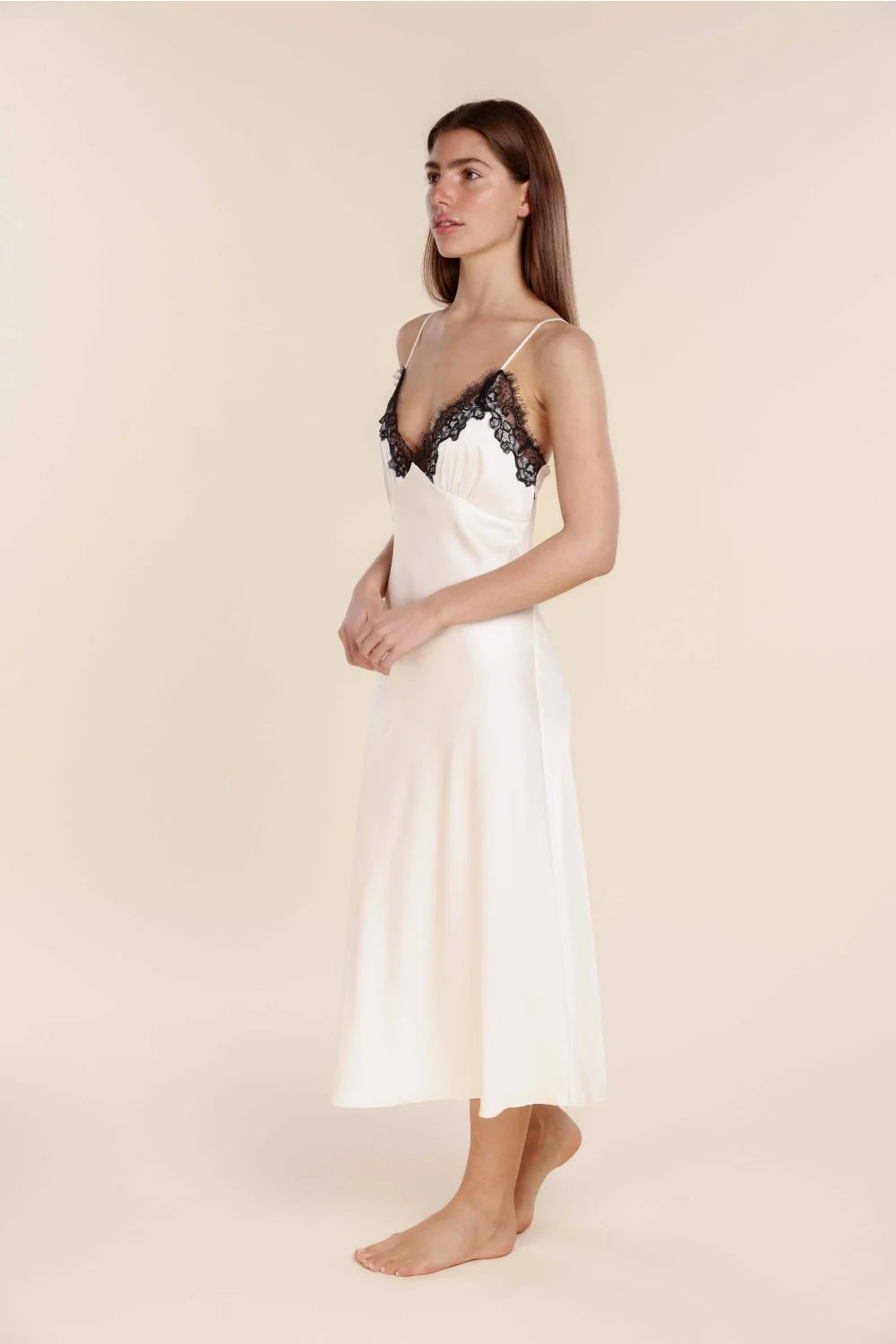 Ivory Magnolia Silky Satin Long Gown by Ginger Lily, elegant sleepwear with smooth satin fabric and delicate design.