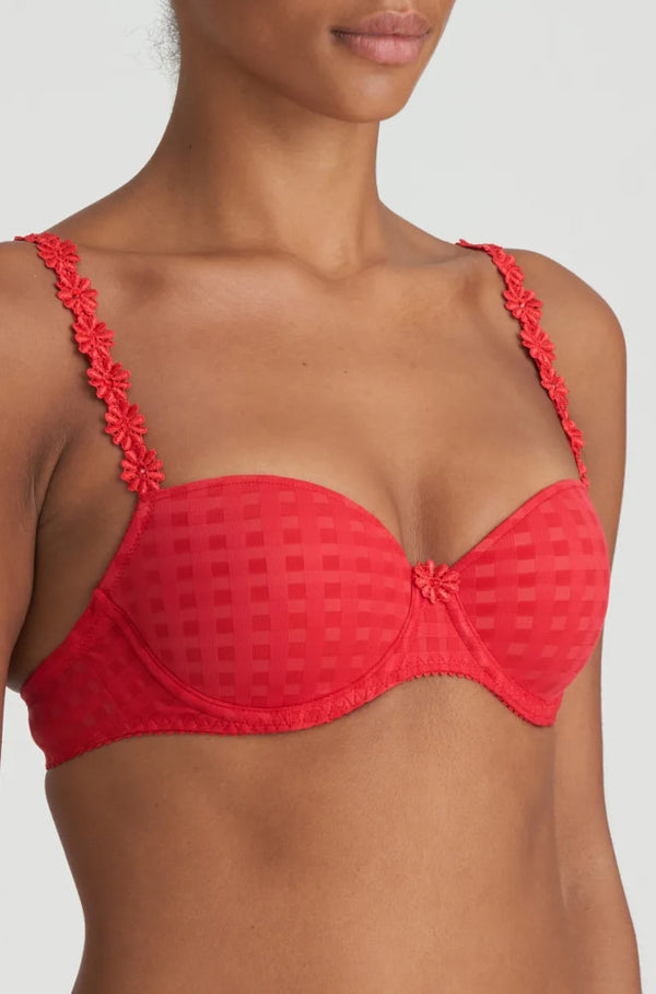Scarlet red underwire padded balcony bra by Marie Jo with adjustable straps and lace detailing in size 10