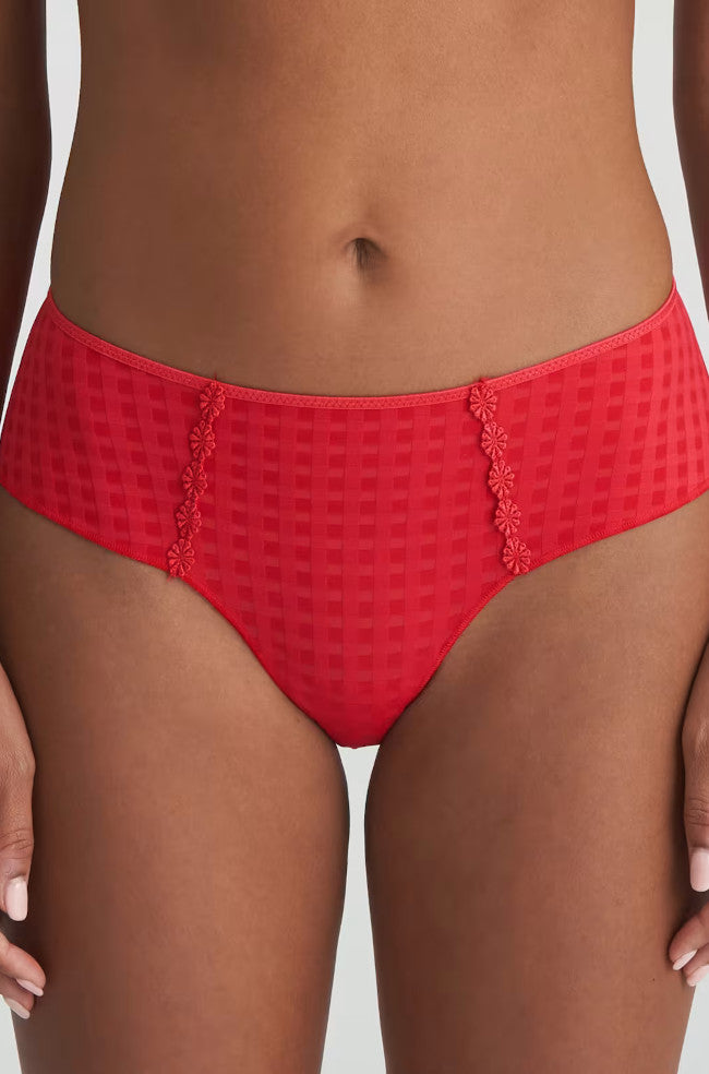 Scarlet red low rise hotpants by Marie Jo, elegant boy-leg briefs in lace and soft fabric.