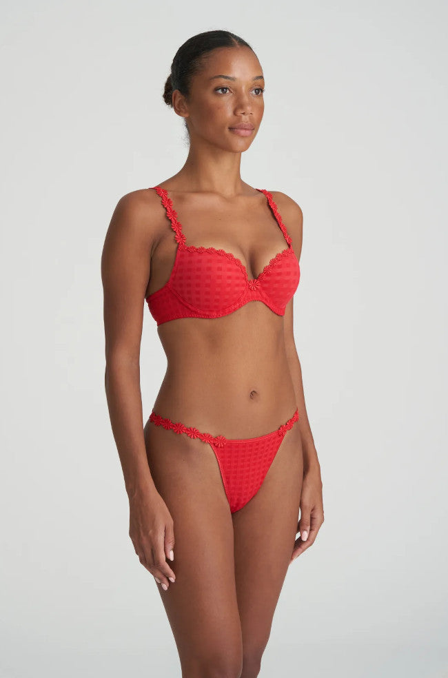Scarlet red Marie Jo Avero mini thong featuring delicate floral embroidery