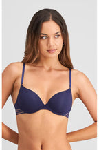 Stripe elastic demi bra in Medievil Blue with adjustable straps, available in sizes 10, 12, and 14 by Me