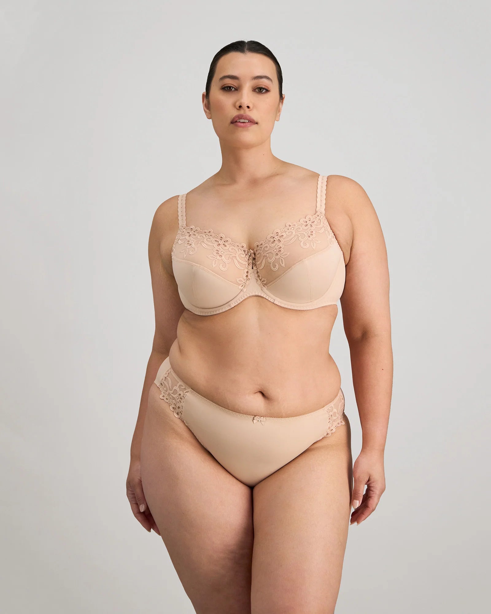FAYREFORM Coral Underwire Bra Latte with floral lace embroidery, featuring supportive underwire and delicate embroidery details.