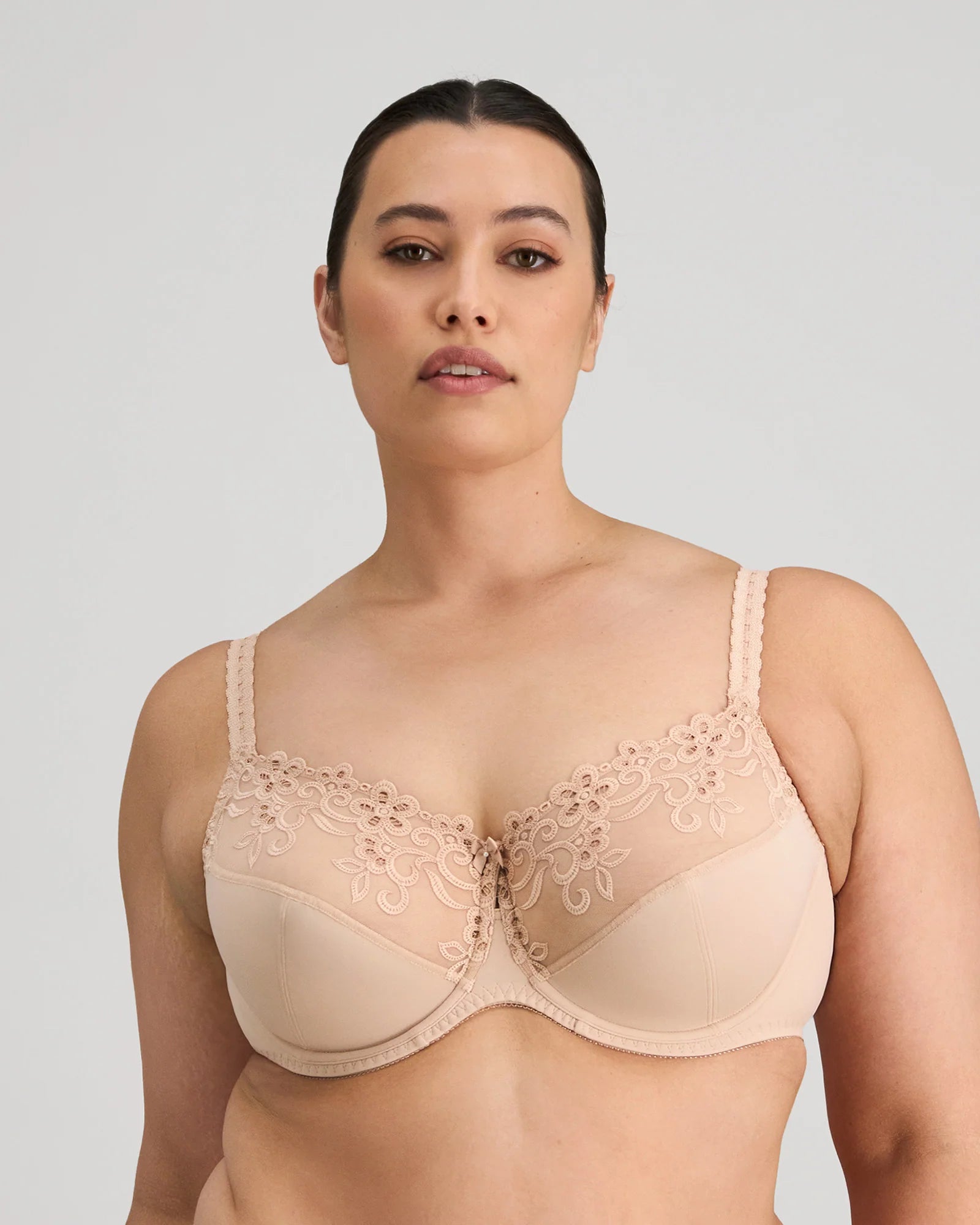 FAYREFORM Coral Underwire Bra in Latte with floral lace embroidery, showcasing the detailed lace design and supportive underwire.