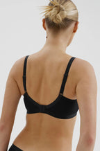 Black wirefree padded bra in size 14A by Megami, designed for comfort and post-surgery recovery.