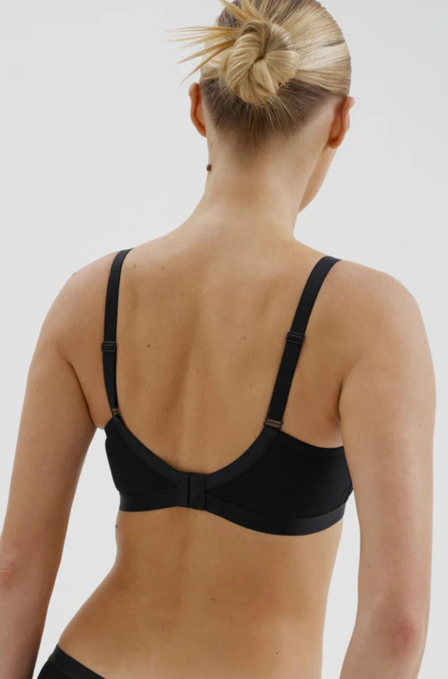 Black wirefree padded bra in size 14A by Megami, designed for comfort and post-surgery recovery.