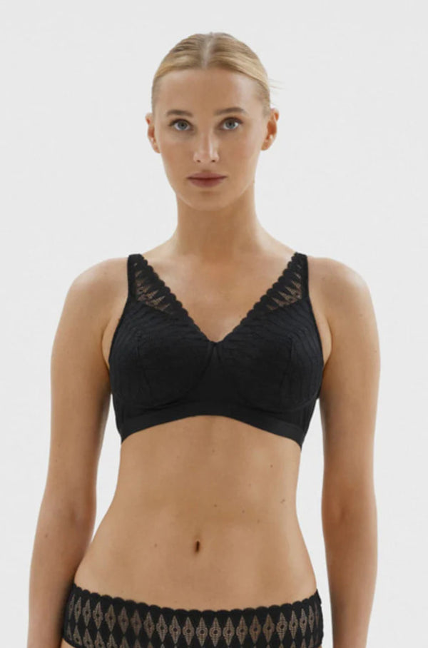 Black Lambada padded wirefree mastectomy bra by Megami featuring lace detailing and comfortable design for prosthesis wear.