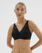 Black padded wirefree bra by Megami, available in sizes 10-18 A-D with adjustable straps