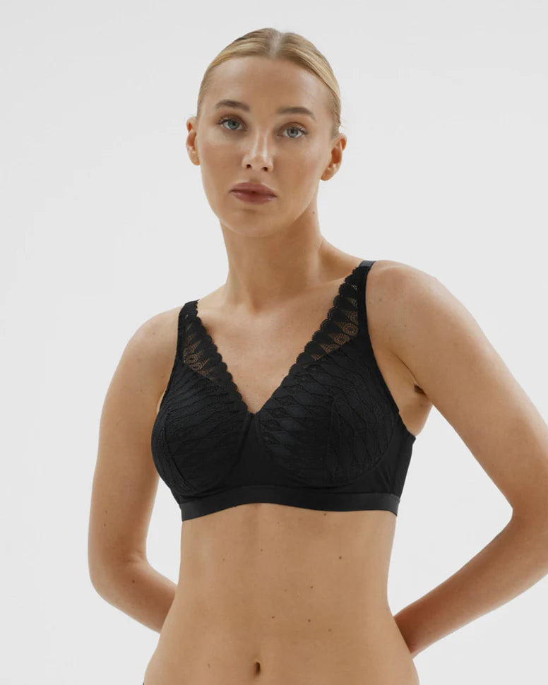 Black padded wirefree bra by Megami, available in sizes 10-18 A-D with adjustable straps