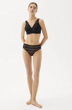 Black geometric pattern Megami lace bikini briefs in a comfortable design, available in multiple sizes.
