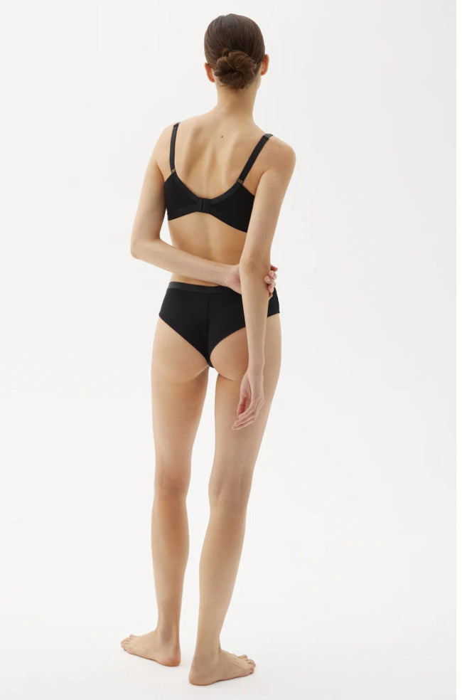 Black geometric pattern Megami Lambada lace briefs for all-day comfort, available in sizes M, L, and 2L.