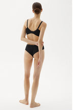 Black geometric pattern Megami Lambada lace briefs for all-day comfort, available in sizes M, L, and 2L.