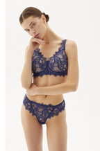 Blue semi-sheer Brazilian brief with eyelash lace trim by MEGAMI