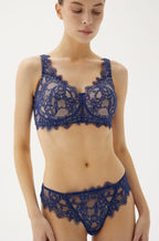 Blue semi-sheer Brazilian brief with eyelash lace trim by MEGAMI