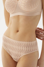 Nude geometric pattern bikini brief by Megami in size M for all-day comfort.