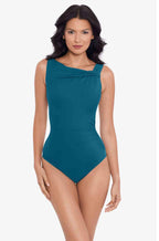 Aegean blue Miraclesuit Avra one piece swimsuit with body control design, available in sizes 12, 14, 16.