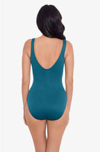 Aegean blue Miraclesuit Avra one-piece swimsuit featuring body control design and flattering fit