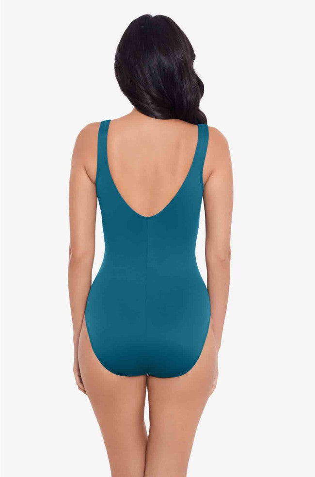 Aegean blue Miraclesuit Avra one-piece swimsuit featuring body control design and flattering fit