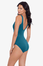 Aegean blue Miraclesuit Avra shapewear one-piece swimsuit with body control design, available in sizes 12, 14, and 16.
