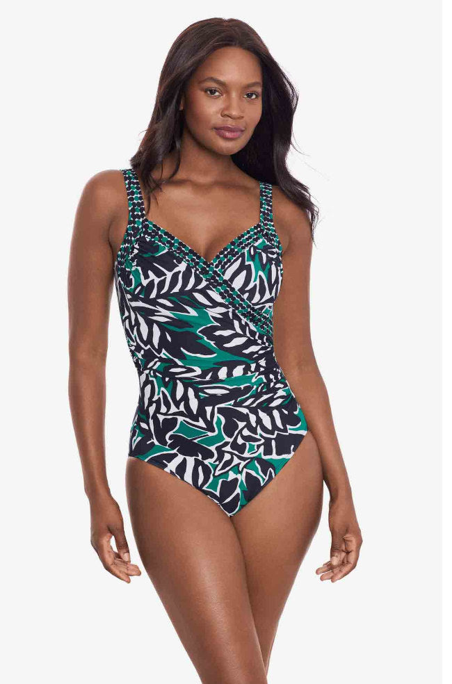 Black and multi colored Palma Verde Sanibel one piece swimsuit with supportive design by Miraclesuit