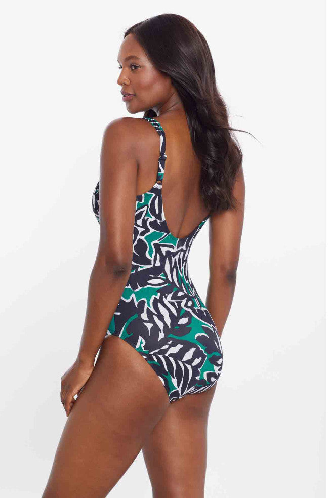 Black and multi-color Palma Verde Sanibel one-piece swimsuit by Miraclesuit, featuring stylish design and adjustable straps.